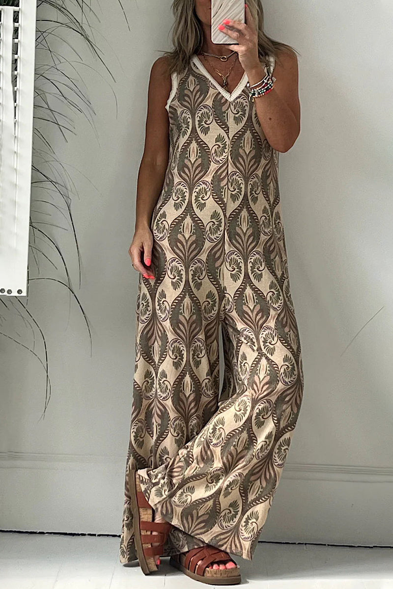 Casual College Geometric Printing V Neck Loose Jumpsuits