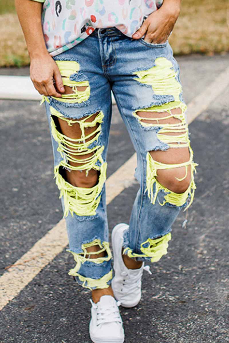 Fashion Yellow Ripped Jeans