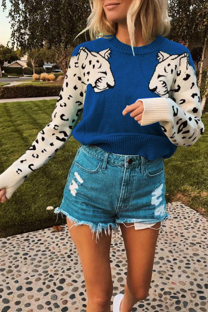 O Neck Long Sleeve Animal Prints Sweaters(3 Colors)