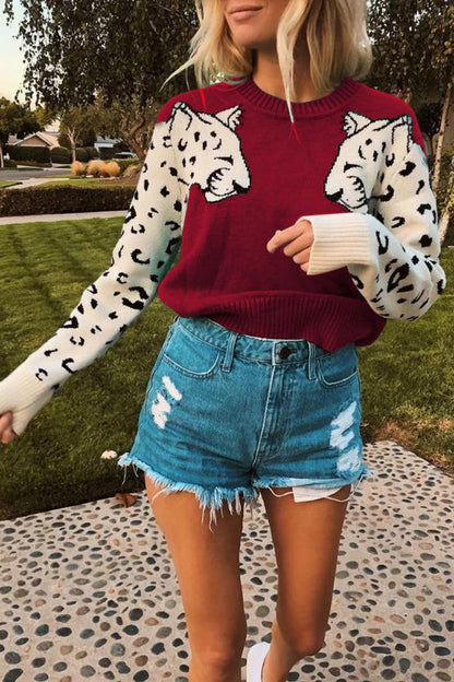 O Neck Long Sleeve Animal Prints Sweaters(3 Colors)