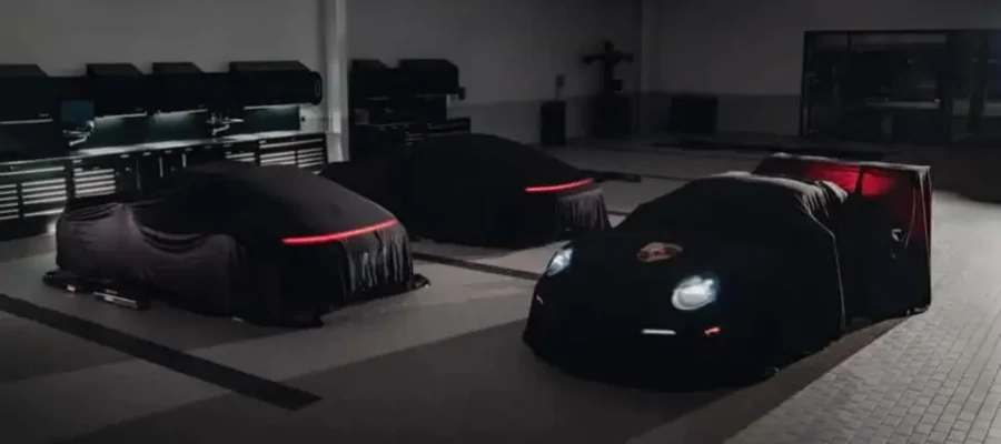 Teaser image featuring three exclusive Porsche models created by Pixar for Toy Story 5